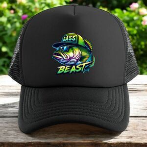 Bass fishing trucker hat mens O/S black snapback bass beast neon green funny